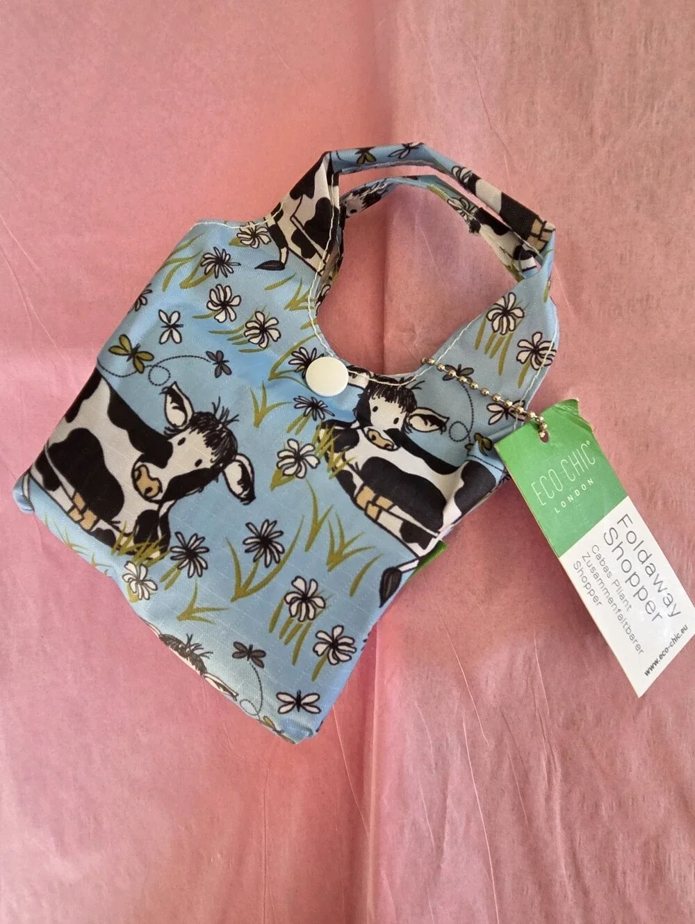 Eco Chic London Cow Print Shopper Foldable Tote Shopping Bag Foldaway Pouch Blue